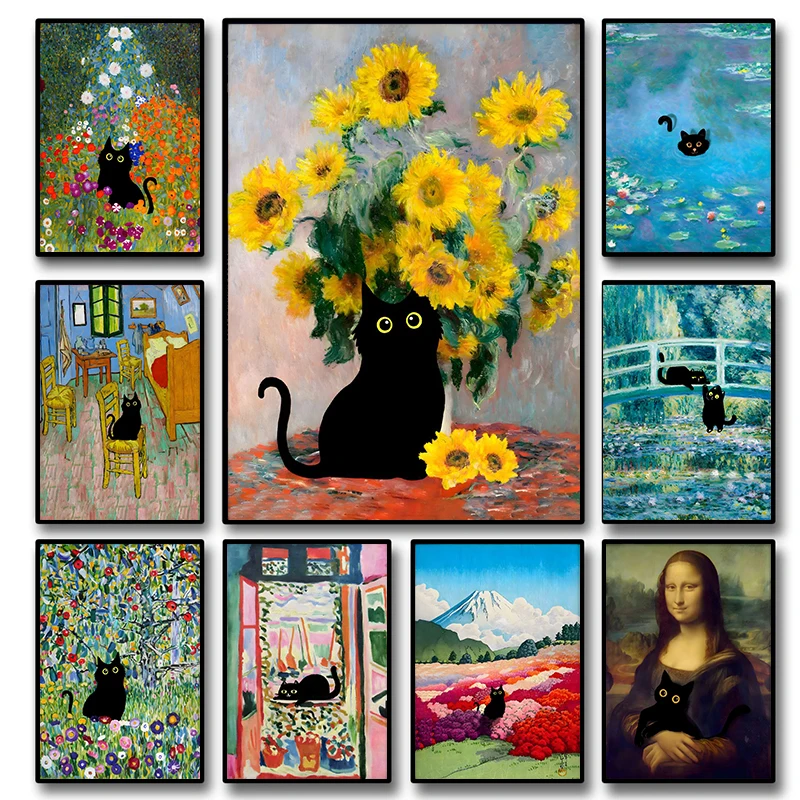 Resin Art Work - Grappige zwarte kat wereldberoemde schilder Monet